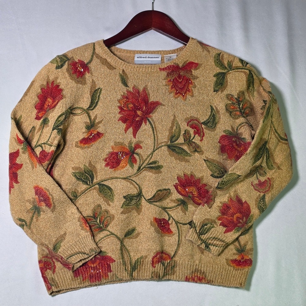 Vintage Alfred Dunner Petite Tan Floral Beaded Ramie Cotton Knit Sweater PL